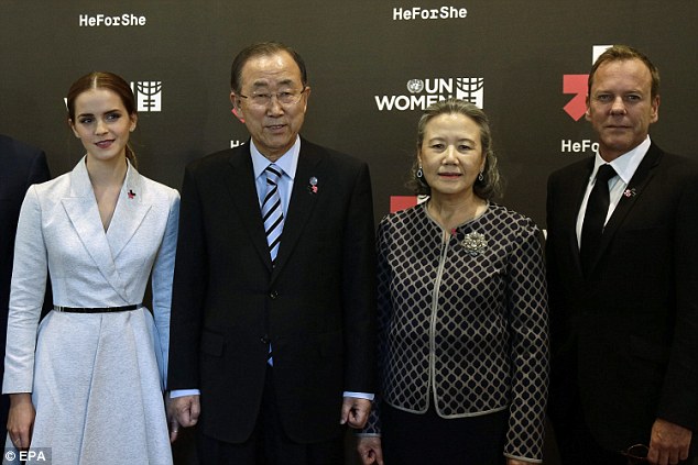 emma watson with un secretary general ban ki-moon, his wife ban soon-taek, and actor kiefer sutherland