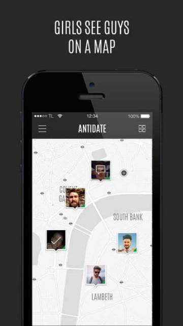 antidate app page showing the guys on a map for a female user