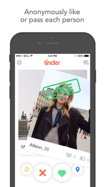 tinder app page showing a swipe right - for 'like'