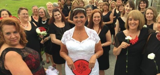 The bride with her long train of bridesmaids!