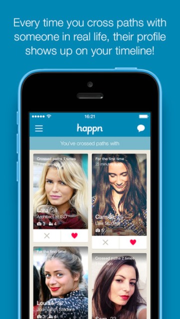 happn dating app page showing a grid view of profiles a user has crossed paths with
