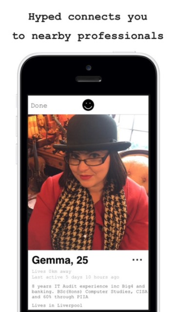 hyped app page showing a female hipster professional's profile