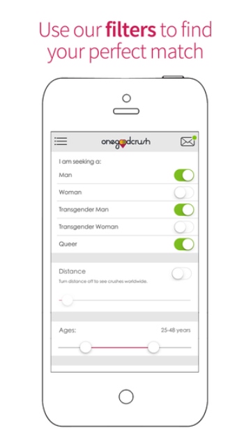 onegoodcrush dating app page showing the gender identity page