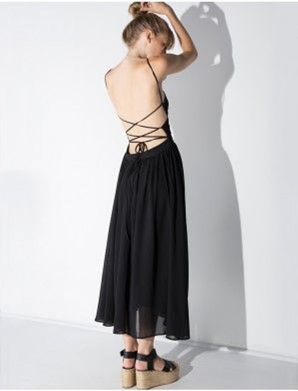 lace-up black midi dress