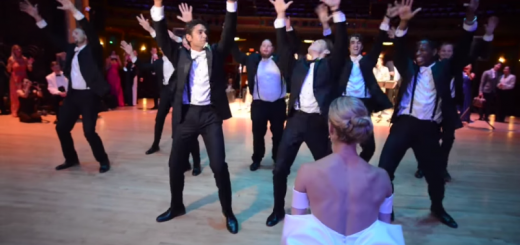 kirk henning and his groomsmen surprising valerie tellmann with their dance routine